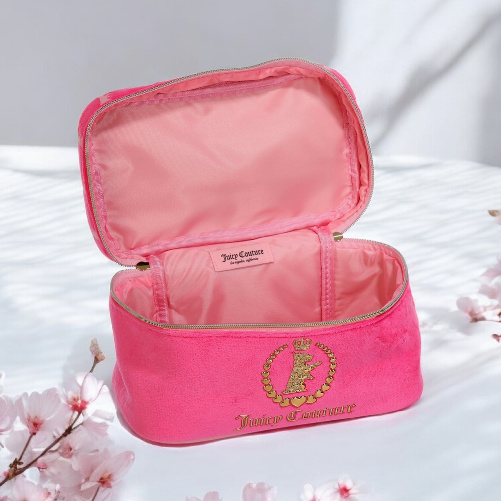 NEW Juicy Couture Y2K Pink Terry Velour Travel Cosmetic Bag 9.5inx6x 5.5 NWT - Picture 2 of 3